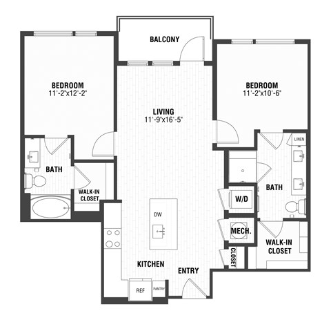 Floor plan for 2 beds, 2 baths, 1002 sqft